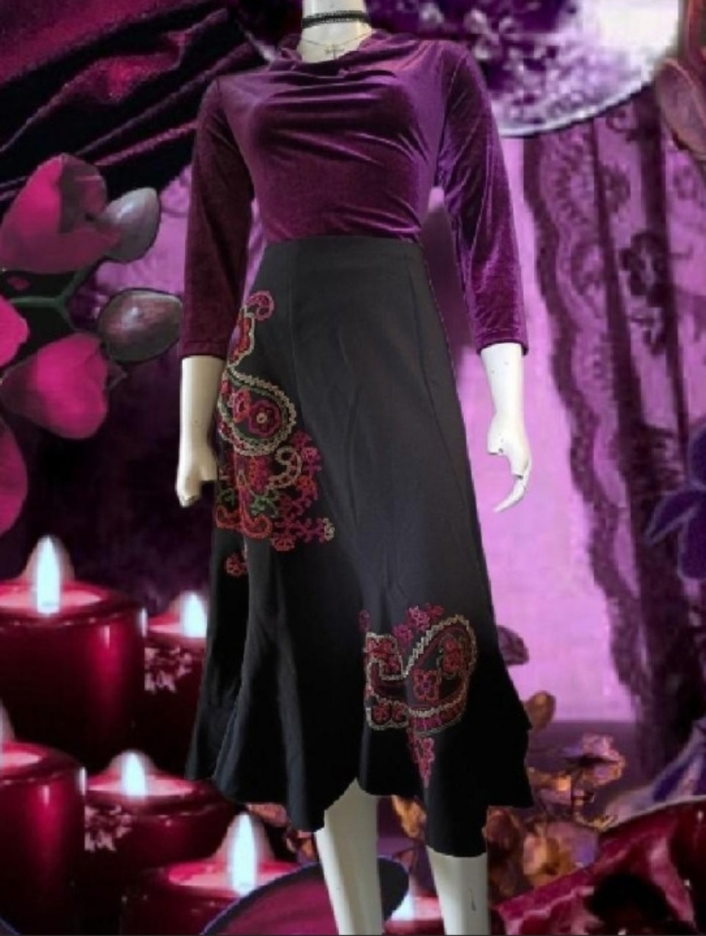 NWT Allison Taylor Asymmetrical Black Paisley Embroidered Ruffled Midi Skirt 14